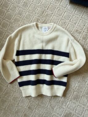 Zara Cream Crewneck Sweater with Navy Stripes and Red Cuff Trim
